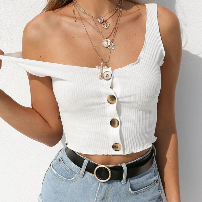 

Fashion Women Summer Casual Solid Sleeveless Button Tank Top Backless Crop Top Beachwear, Black