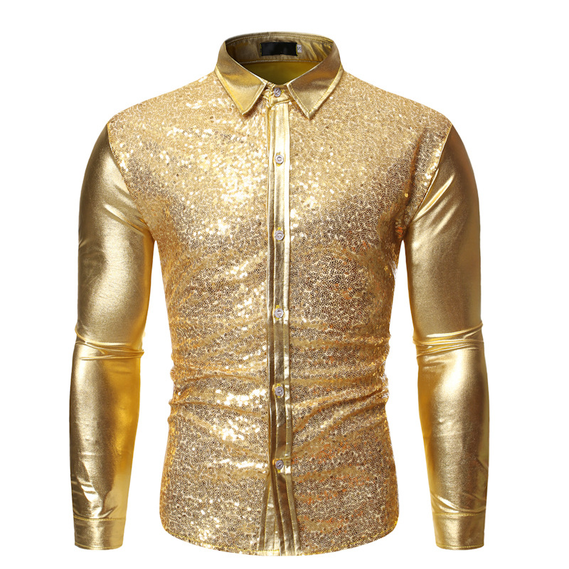 

Shiny Gold Patchwork Sequins Shirt Men 2019 Brand Slim Fit Long Sleeve Mens Dress Shirts DJ Club Party Stage Prom Chemise Homme, Black