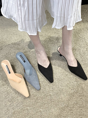 

Baotou half slippers female summer 2020 new Korean version of the wild slender heel pointed slippers wear fashion, Beige