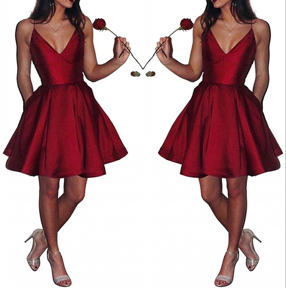 

V Neck Satin Short Homecoming Dresses Sexy Spaghetti Straps A Line Knee Length Formal Party Gowns Short Prom Dresses BM0448, Light yellow