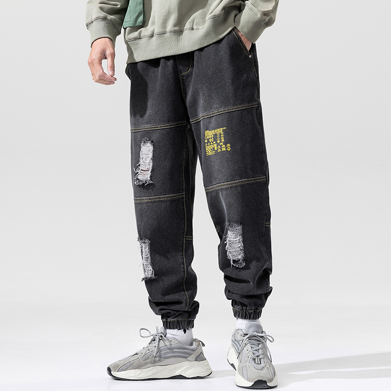 

5XL 4XL spring autumn Hip hop pencil pants Skinny Ankle jeans men leg Slim fit Denim Teenager biker jeans for young male, Black