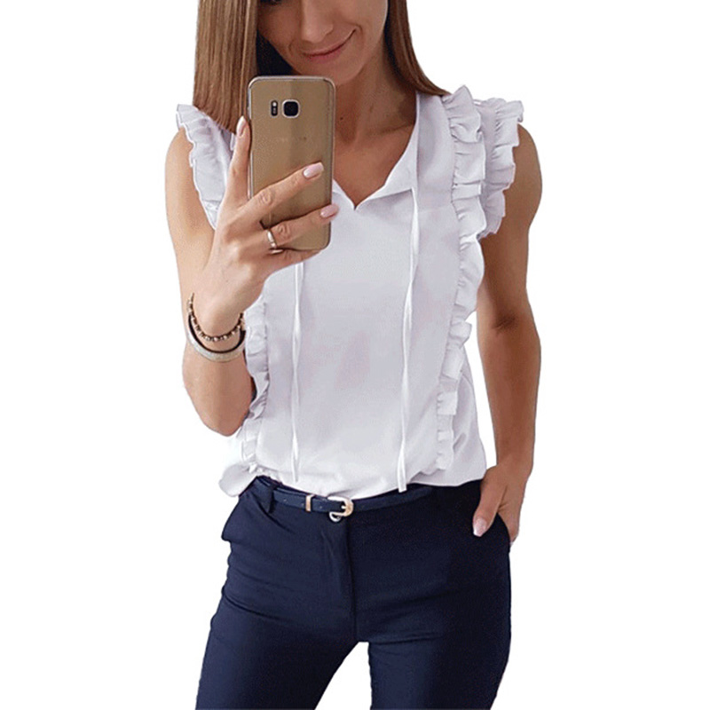 

Women Sleeveless Ruffles White Shirt Blouse Ladies Casual Blouse Work Shirt Top Blusas Femininas Elegant SJ3087V