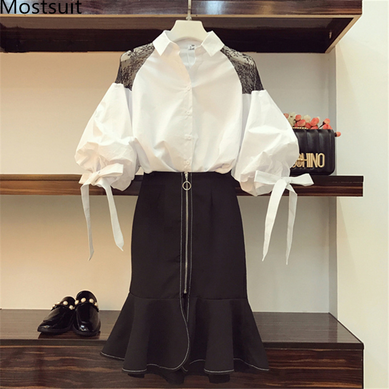 

Spring Summer Two Piece Sets Women Plus Size Bow Shirt And High Waist Mermaid Skirt Sets Suits Office Korean Elegant Women's Set, White