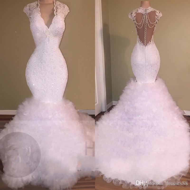 

Vintage White Sexy V Neck Prom Dresses Mermaid 2019 Lace Appliques Bead Crystal Backless Sweep Train Tulle Puffy Tiered Evening Gown BA9573, Lavender