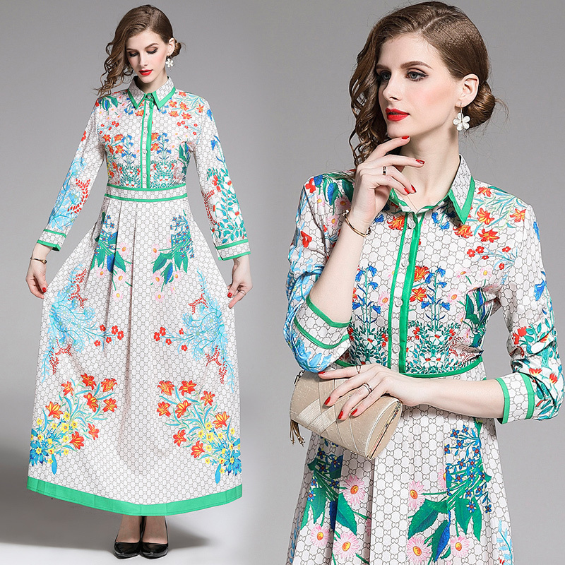 

Wholesale 2020 Spring Summer Fall Runway Floral Letters Print Collar Long Sleeve Empire Waist Women Ladies Casual A-Line Maxi Beach Dress, Multi