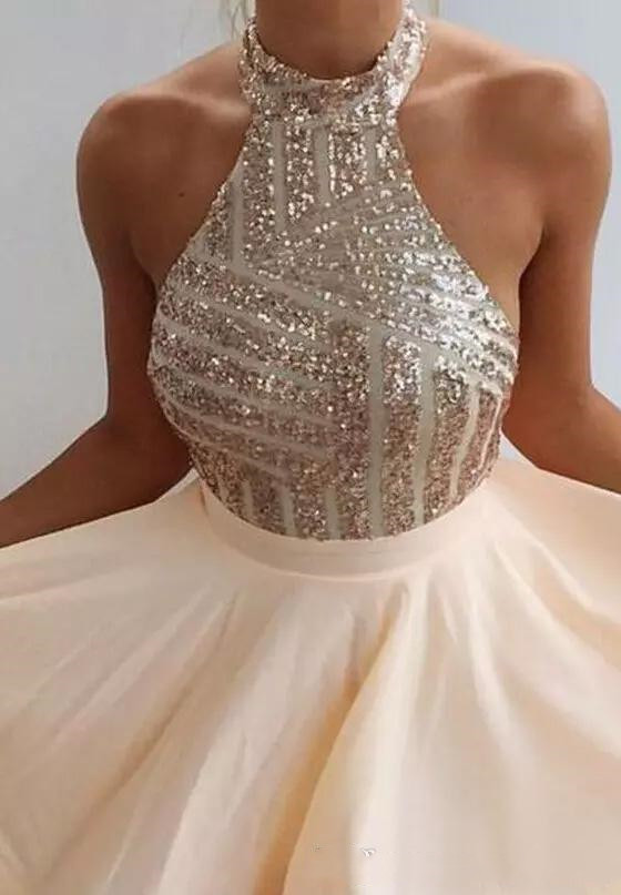 

Sequin Short Prom Dress Halter Backless Above Knee Homecoming Formal Party Gowns, Pink