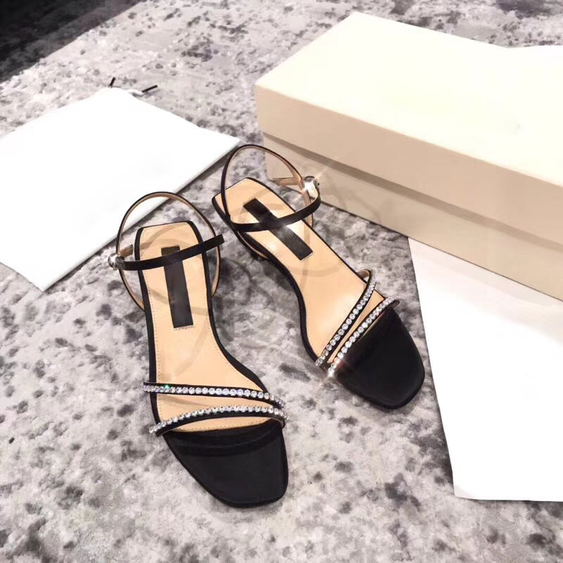 

Wedding Sandals Women Mid Heel Sandal Ankle Strap Crystals Shoes Classic Spuared Toe Party Sandals Luxury Black Leather Women Sandals