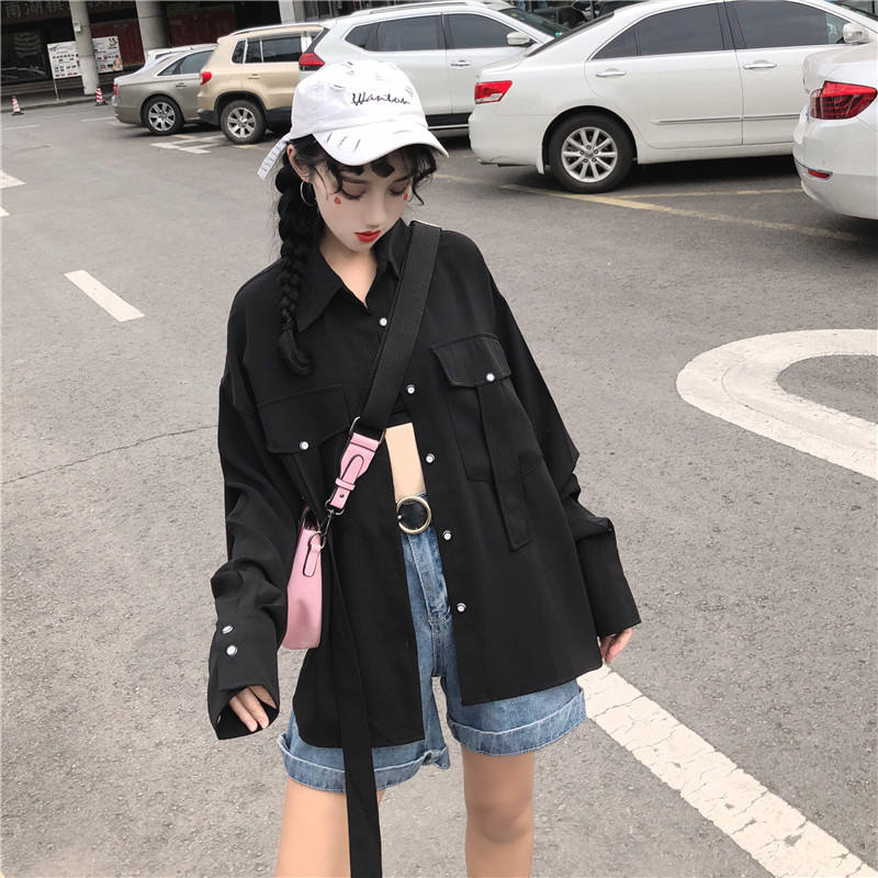 

2019 Spring New Women's Black Casual Loose Wild Long-Sleeved Shirt Female Students Cardigan Coat Design Sense Small Autumn B168
