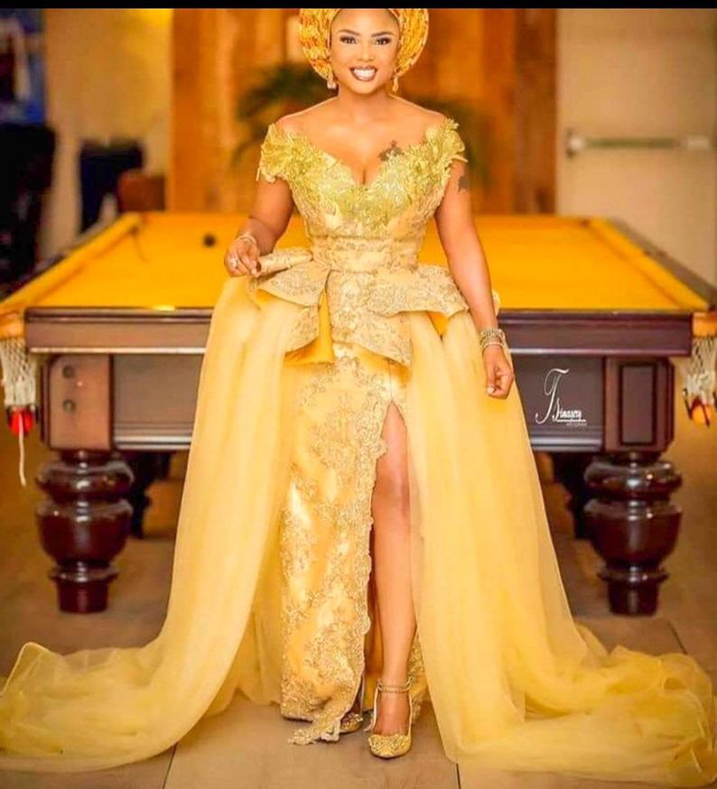 

Yellow Lace Evening Dresses Mermaid 2020 African Long Prom Gowns Split Front Off The Shoulder Modest Mother Of The Bride Dress Plus Size, Grape