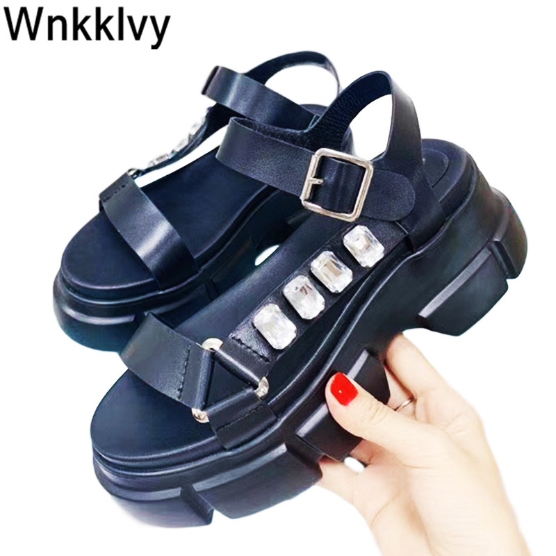 

Women Flatform sandals real leather open toe rhinestone decortion sandalias summer ceystal vacation beach shoes female runway, Black