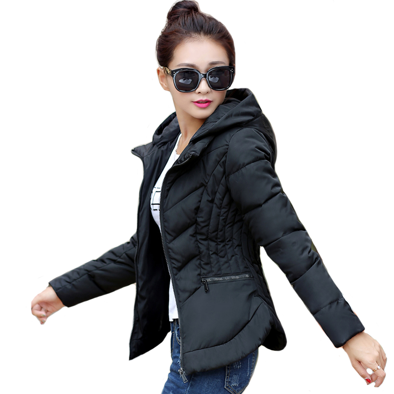 

Solid Color Slim Winter Jacket Women Hooded Stand Collar Womens Winter Jackets Female Coat Short Parka Casaco Feminino Inverno, Black