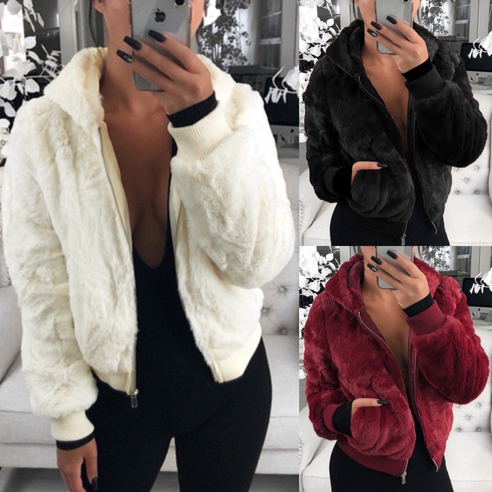 

new autumn and winter fake rabbit fur grass ladies jacket ladies short hooded loose thick coat faux fur jacket, Black