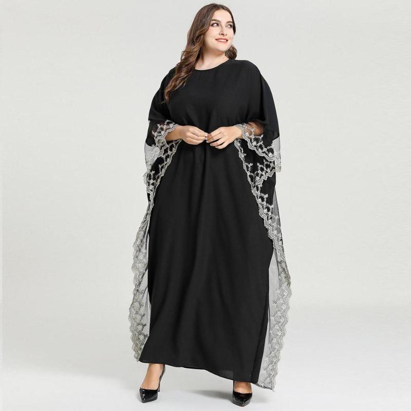 

Big Size Gold thread Lace Patch Modest Dress Summer Black Long Dress Bat Sleeve Muslim Abayas Arab Caftan Robes Oversize