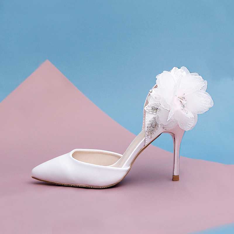 

Autumn new wedding shoes pointed hollow baotou female sandals stiletto white camellia flowers leaves high-heeled bridal shoes, 9 cm high