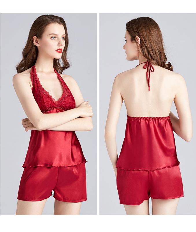 

Sexy Backless Women Pajamas Set Stain Strap Top&Shorts 2PCS Sleepwear Lace Female Sleep Set Home Wear Casual Home Clothes, White