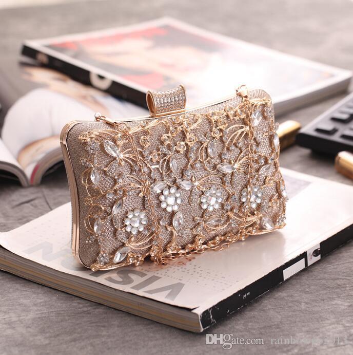 

Factory wholesale women bag boutique hollowed-out carveds dinner bags locks diamond encrusted womens handbag exquisite alloy carved dress handbags, Champagne(boutique packaging)