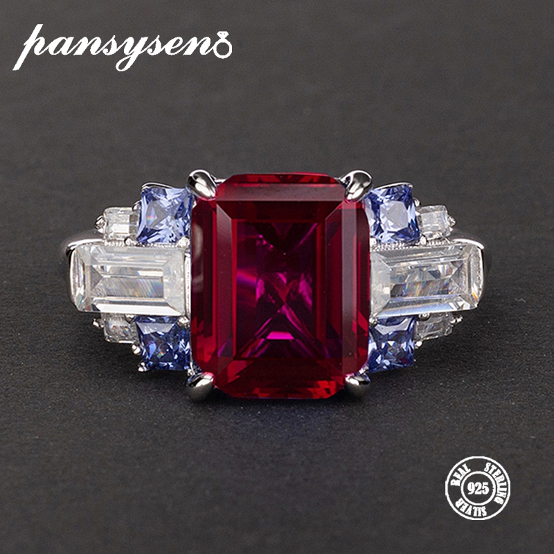 

PANSYSEN New Charms 8x10mm Natural Ruby Gemstone Rings for women Wedding 100% 925 Sterling Silver Jewelry Ring Size 5-12