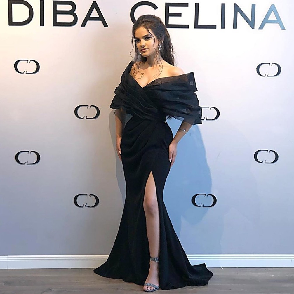 

Black Side Split Mermaid Prom Dresses Off The Shoulder Neck Pleated Evening Gowns Floor Length Formal Dress, Champagne