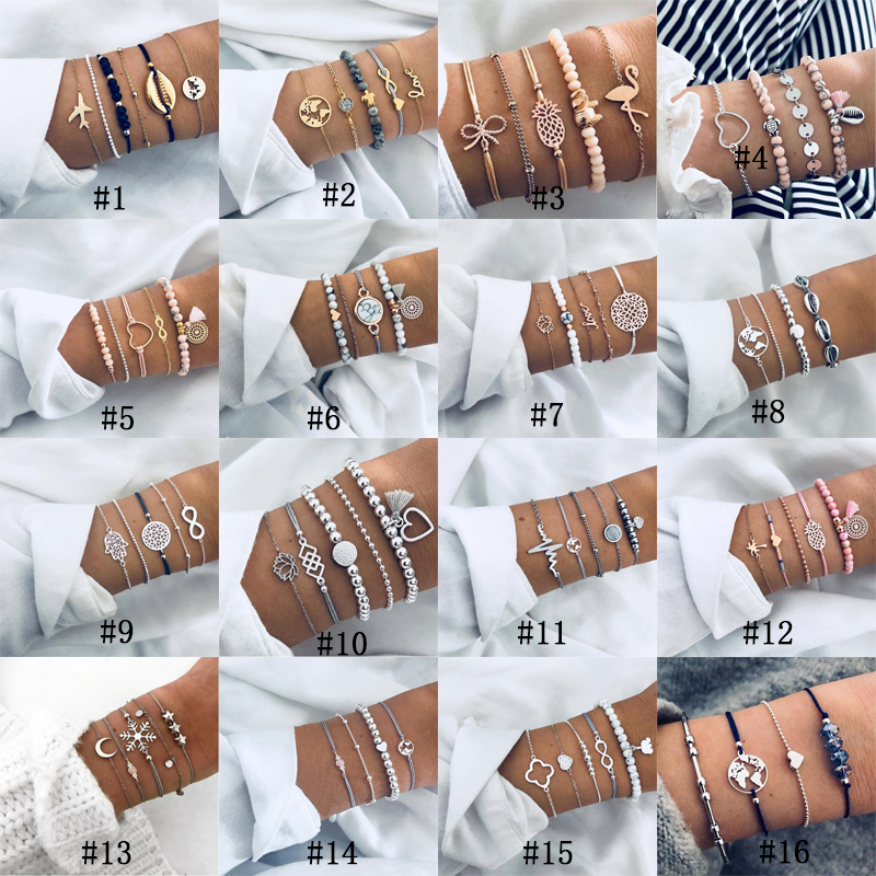 

Bohemian Style Bracelets Sets For women Sea Shell Map Turtle pineapple Heart lotus Moon charm Natural stone Beads chains Bangle Boho Jewelry