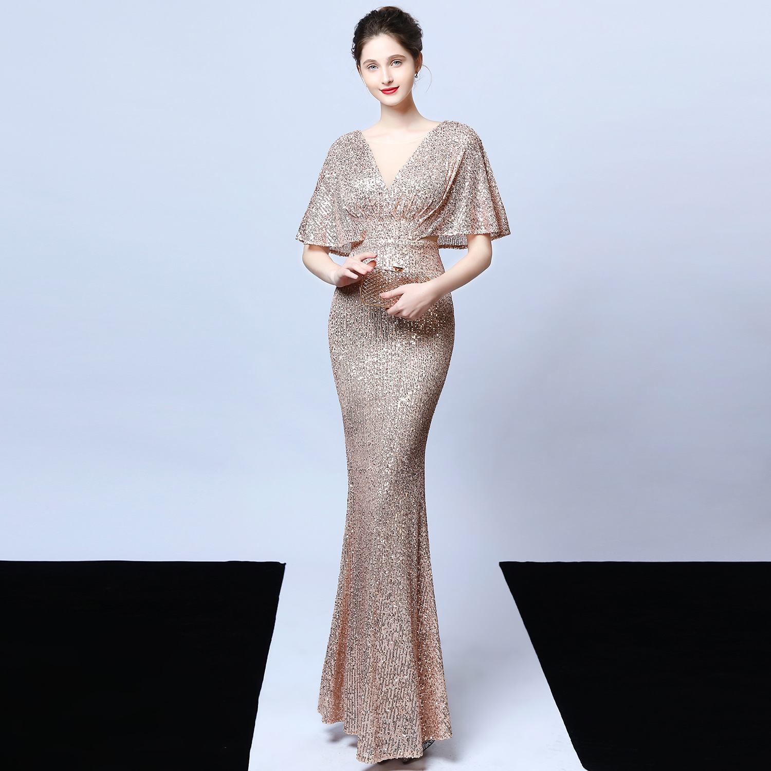 Sequins Applique Mermaid Evening Dresses 2020 Real Image Long Sleeve Gold Champagne 3D Rose Floral Bottom African Black Girl Prom Dress-image-537948910