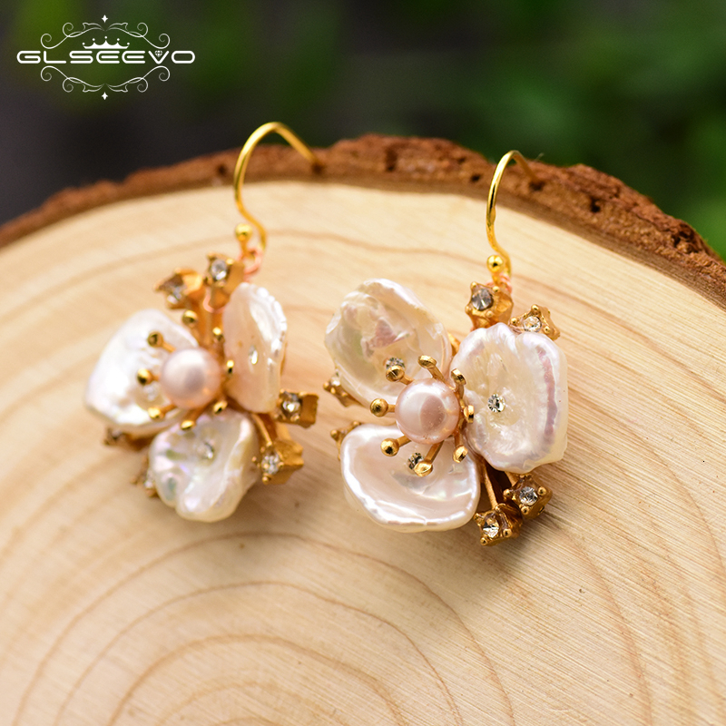 

GLSEEVO Original Design Handmade Natural Fresh Water Pearl Flower Drop Earrings For Women Wedding Luxury Jewelry Kolczyki GE0713 CJ191209
