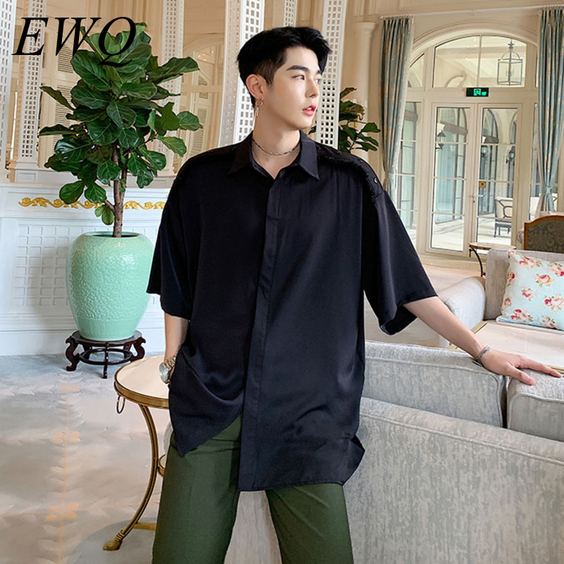 

EWQ / men's wear 2020 summer new oversize half sleeve black white shirt for male fashion patchwork tassel shoulder tops 9Y1806