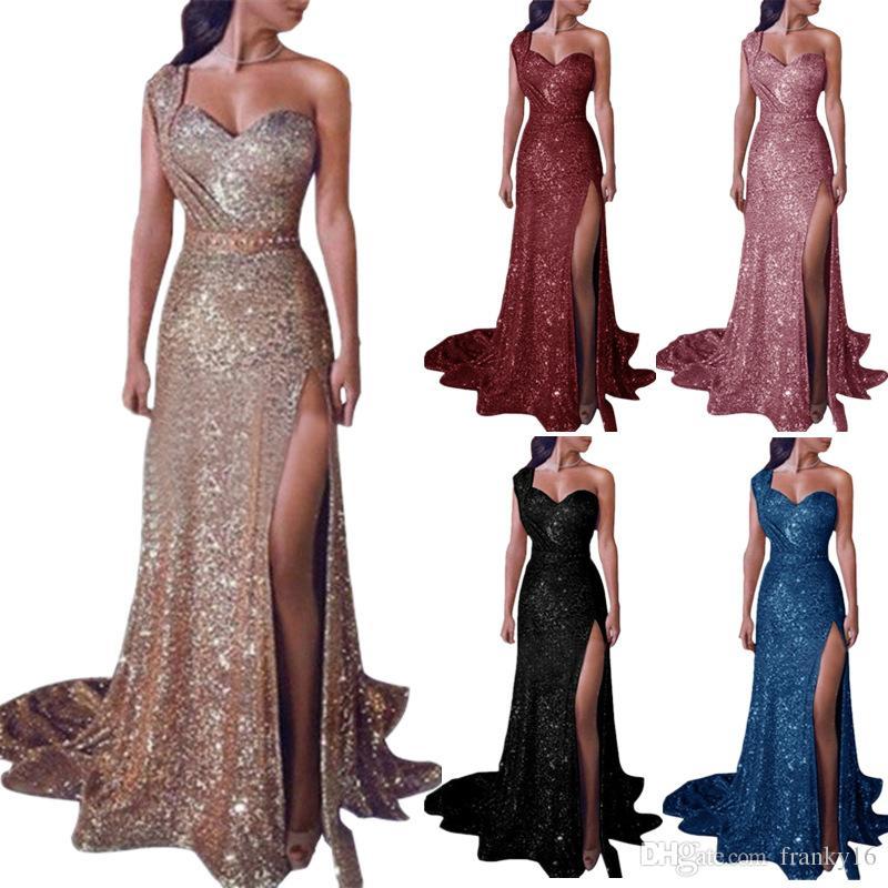 

Plus Size S-5XL Women's Sexy Off One Shoulder Gold Stamp Dress Female Split Skirt Dress 6 Colors Long Maxi Party Dress, Red