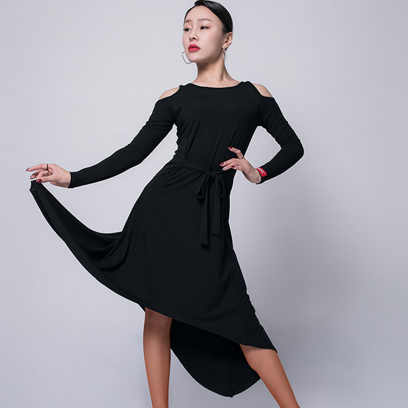 

New Arrival Latin Dance Dress Woman Lady Sexy Irregular Long Sleeved Ballroom Flamengo Salsa Stage Dresses For Dancing DL5185, Black