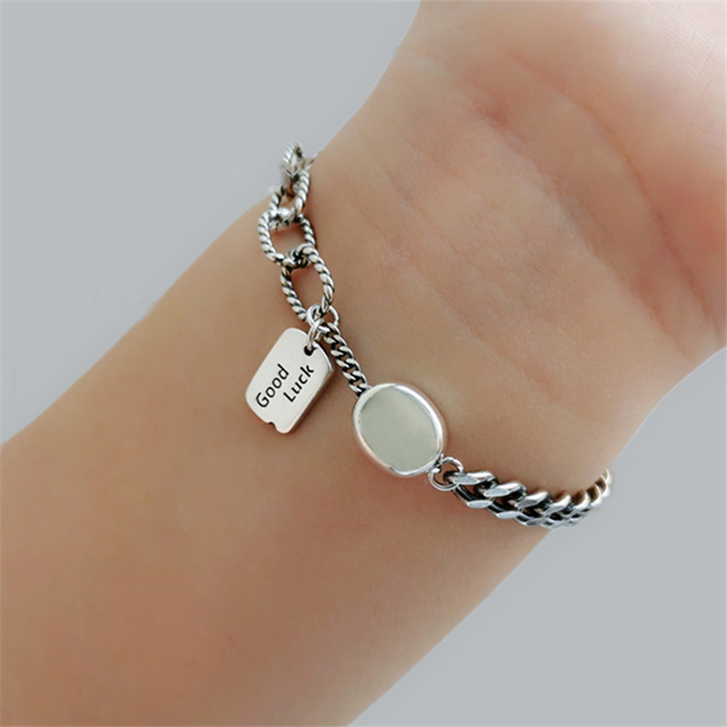 

Charm Bracelets Punk Rock Big Link Chain Hippie Wrist For Women Letters Good Luck 925 Sterling Silver Boho Street Girls