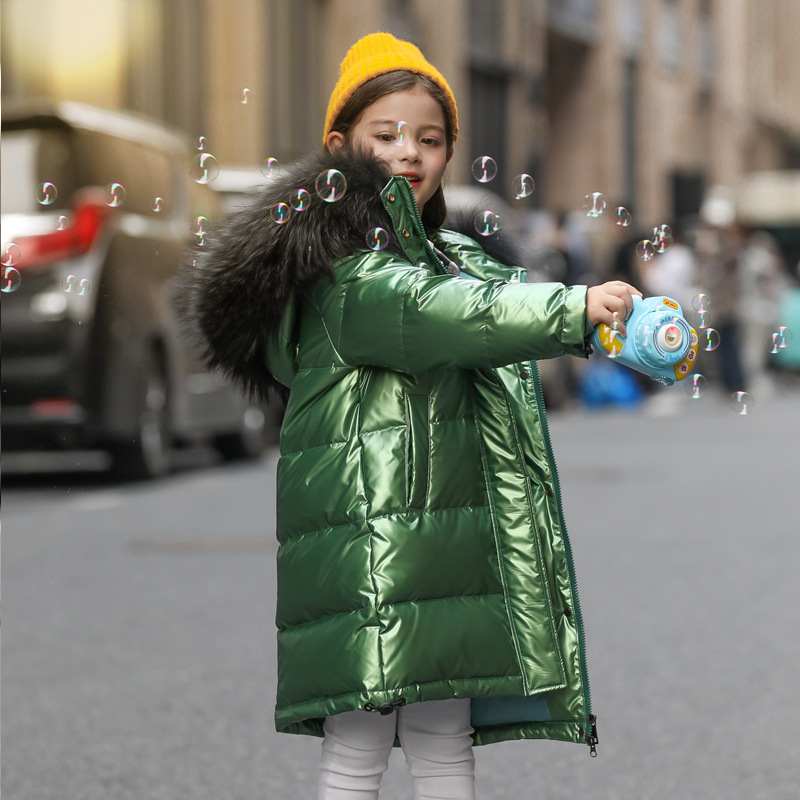 

White Duck Down Kid Girl Racoon Fur Collar Thick Warm Children Shiny Winter Jackets Kids Down Jackets For Boy Coat Teenage Parka, Blue