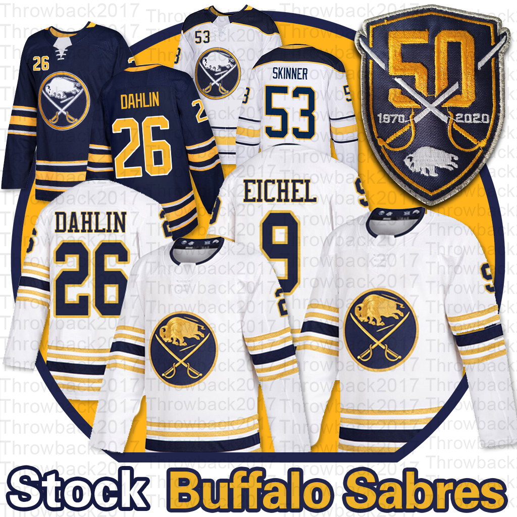 

Buffalo Sabres 50th Jersey 9 Jack Eichel 53 Jeff Skinner 26 Rasmus Dahlin Home Away Blank Men's Golded Hockey Jerseys, Black;red