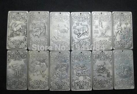 Collectible Decorate Old Handwork Tibet Silver Carved China 12 Zodiac Coin Plate