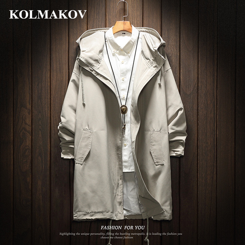 

KOLMAKOV Men Long Trench Coat Jacket Polyester Black Trench Coats Spring Jackets for men Big Size