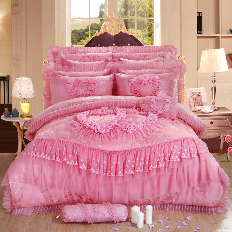 

4/6 pcs Oriental lace red pink bedding set queen King size wedding bed cotton bed sheets duvet cover set bedspreads