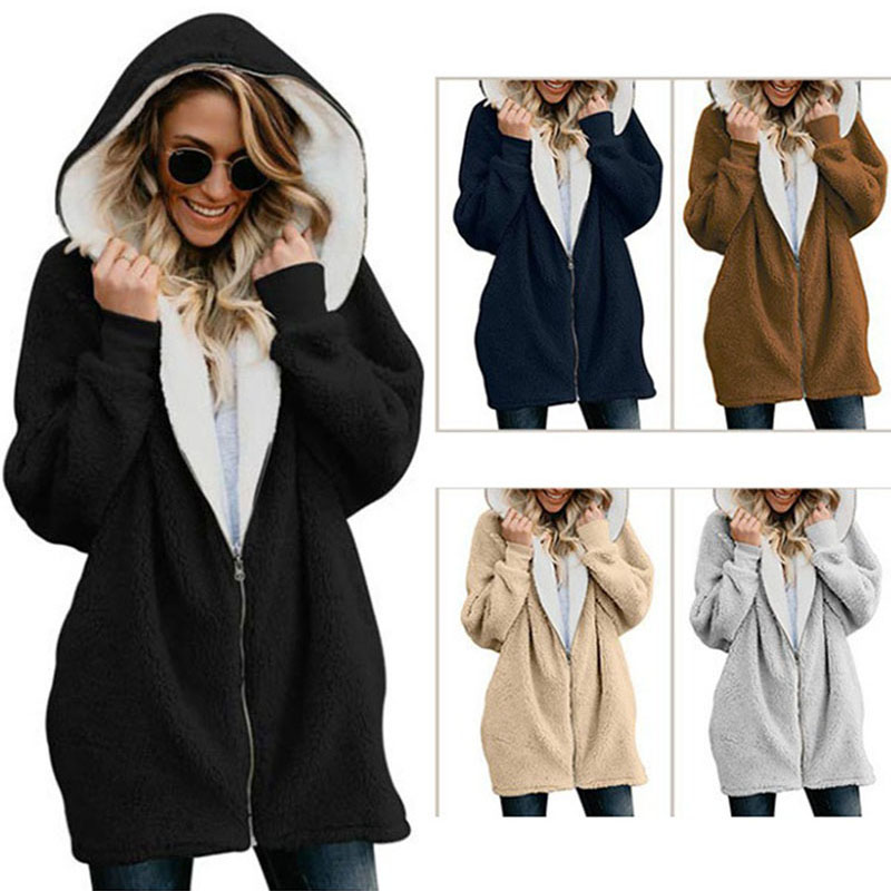 

women winter warm coat autumn basic jacket zipper hooded fur long plus size casual ladies clothes outwear, Jean blue