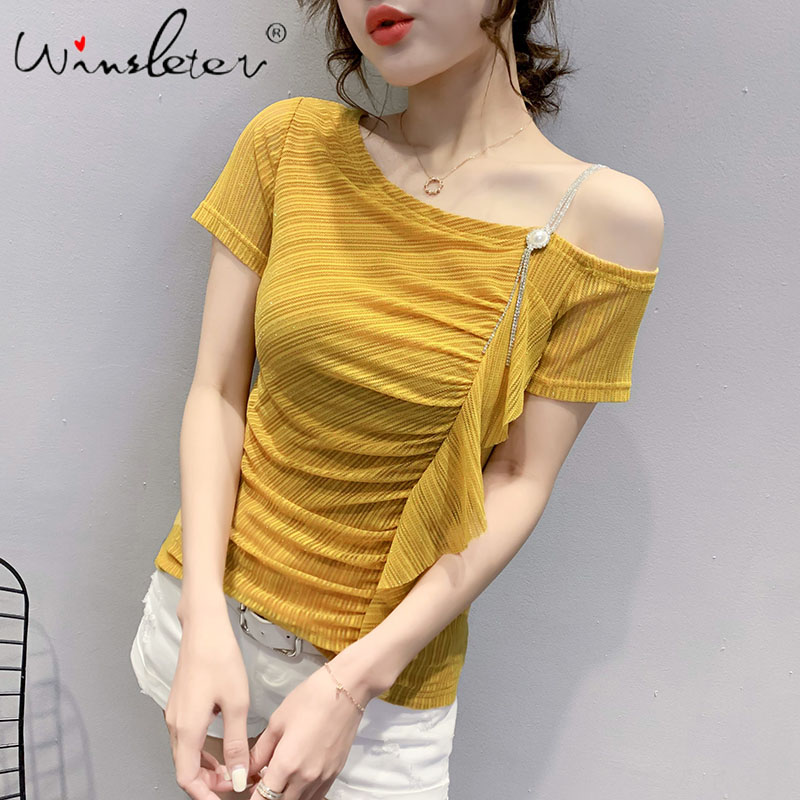 

Summer Korean Clothes T-shirt Fashion Shiny Sexy Diamonds Shoulder Straps Women Tops Ropa Mujer Ruffles Drape Tees 2020 T06511, Pink tshirt