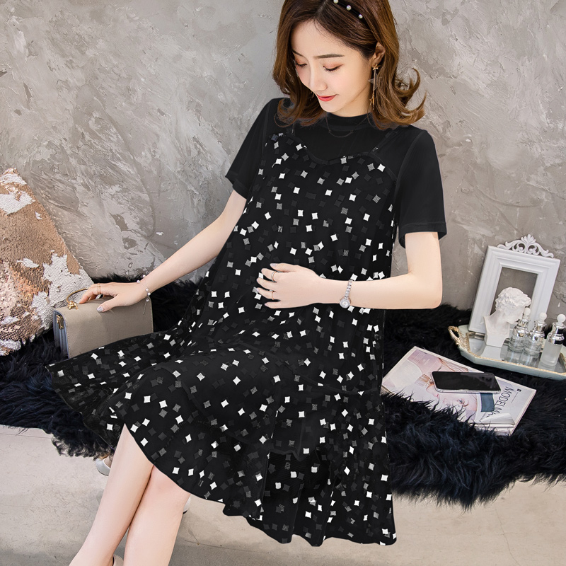 

Short Sleeve Fairy Summer New Maternity Clothes Loose A-line Chiffon Dress Mesh Patchwork Polka Dot Pregnant Women Cute Dresses, Black