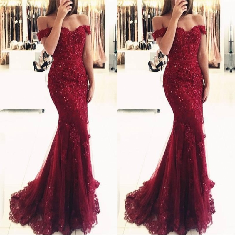 

Burgundy Lace Mermaid Appliques Off Shoulder Prom Dresses Vestido De Festa Beaded Sequins Long Evening Gowns, Champagne