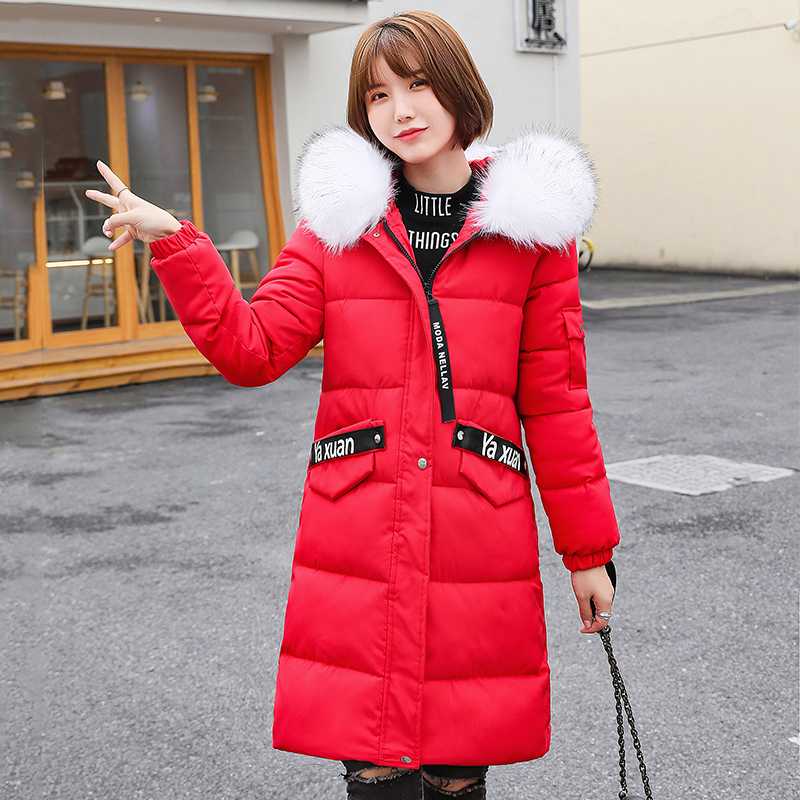 

2020 winter parka for women thick long jackets plus size solid hooded fur collar cotton padded warm female coats manteau femme, Black