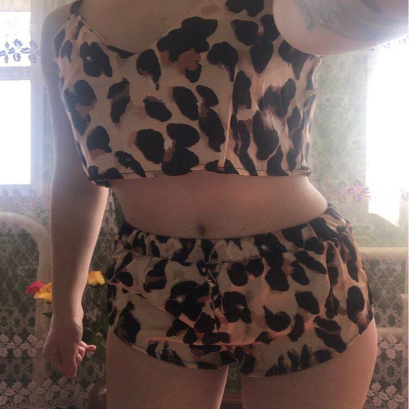 

2PCS Women Sexy Spaghetti Strap Tank Shorts Leopard Print Lace Sleepwear Babydoll Nightwear Pajamas Set Fashion New Pajamas LW, Brown
