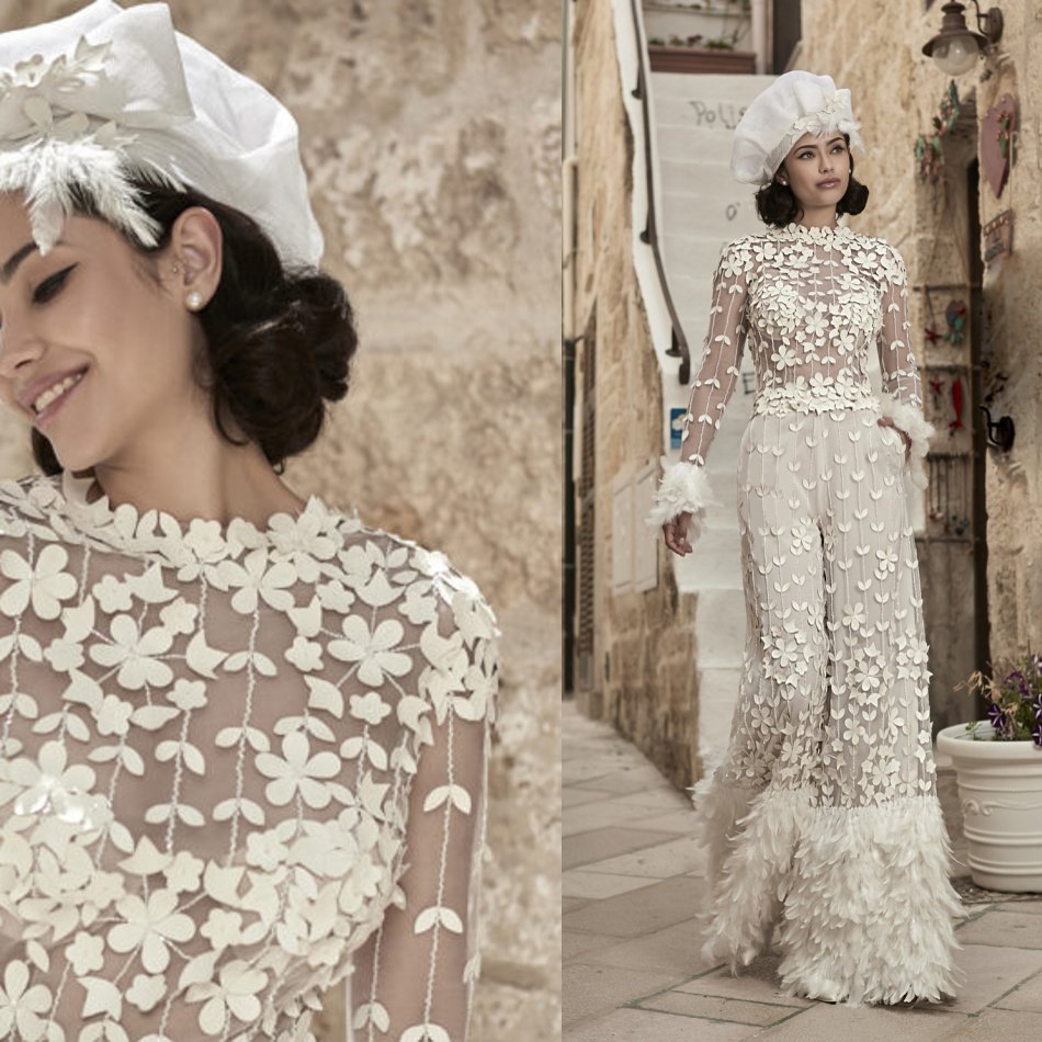 

Sheath Wedding Dress Jewel Neck Long Sleeve Beads Feathers Appliques Tulle Wedding Dresses Floor Length Vestidos De Novia, Red