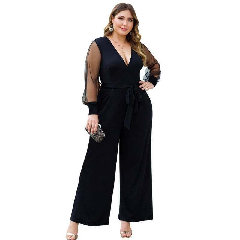 

Autumn Sashes Mesh Long Sleeve Jumpsuits Women Deep V-Neck Plus Size 3XL 4XL Black Party Lacing Loose Vintage Jumpsuits Ladies