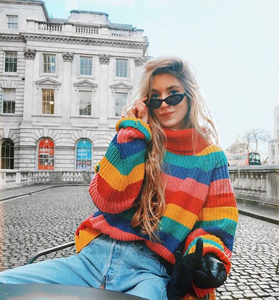Kenancy Rainbow Colorful Stripe Print Women Casual Sweaters Autumn Fashion Turtleneck Knitwear Loose Pullovers Jumper Pull Femme