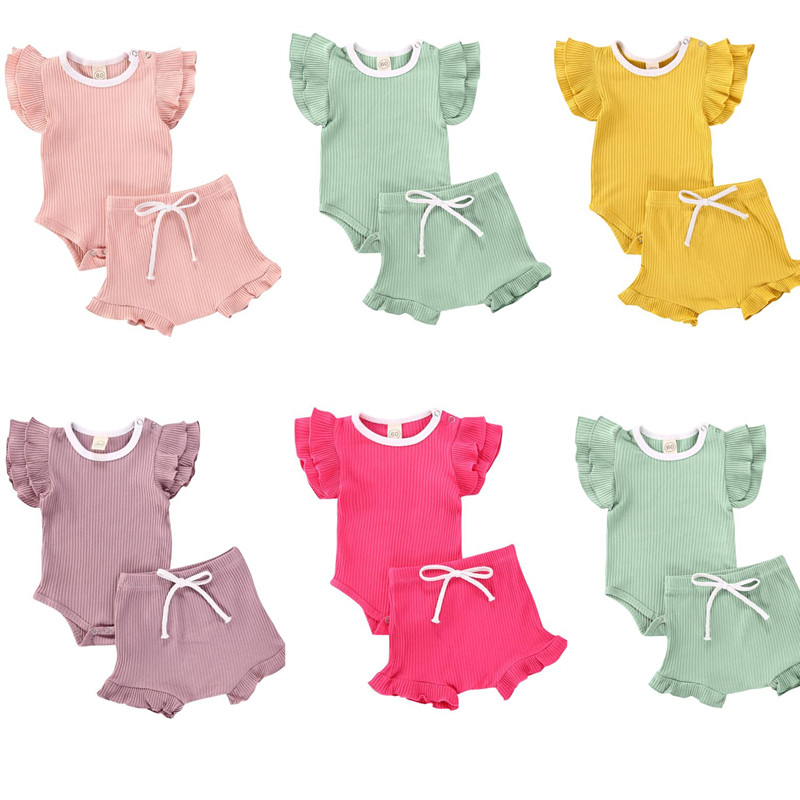 

0-18M Newborn Baby Clothes Sets Summer Baby Boy Girl Ribbed Cotton 2Pcs Ruffles Sleeve Bodysuit+Lace-up Shorts Outfits, Green