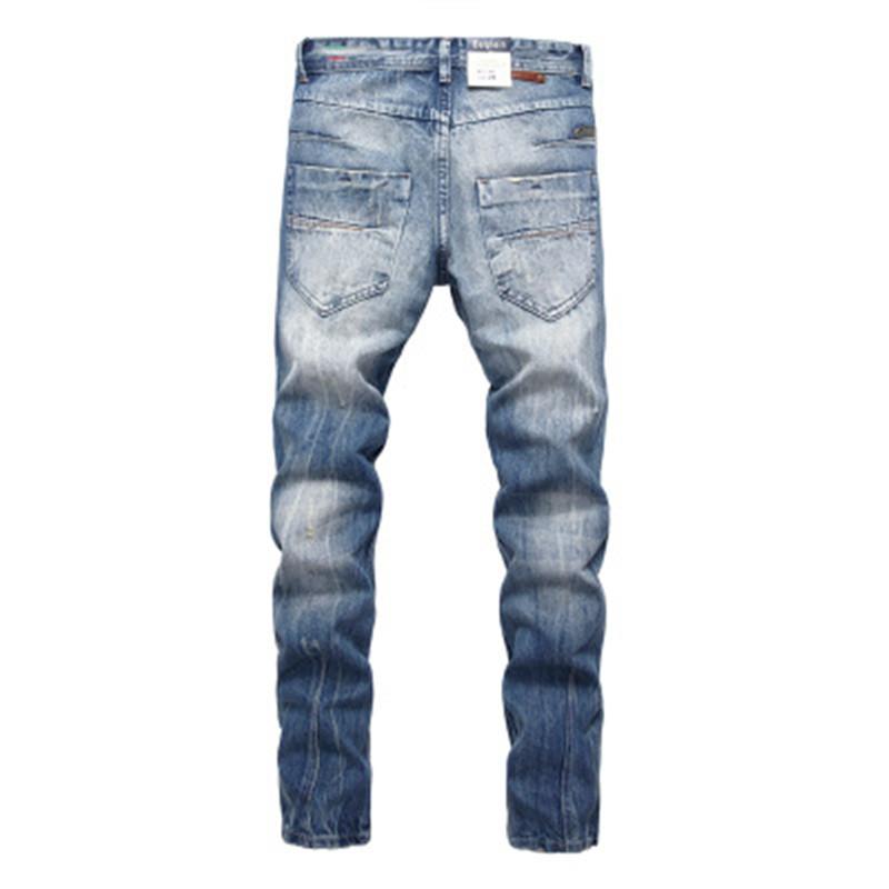 

Men Jeans Thin Stretch Designer Summer Hole Blue Casual Slim Straight Jeans Fashion Trend Button Denim Pants Male Trousers Fit Large Size