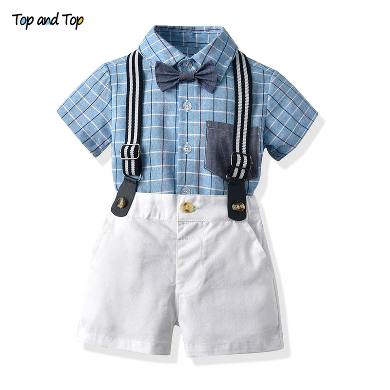 

Top and Top Kids Boys Clothing Set Short Sleeve Plaid Shirt with Bowtie+Overalls Children Clothes Boys Gentleman Suit Tuxedo, Sky blue
