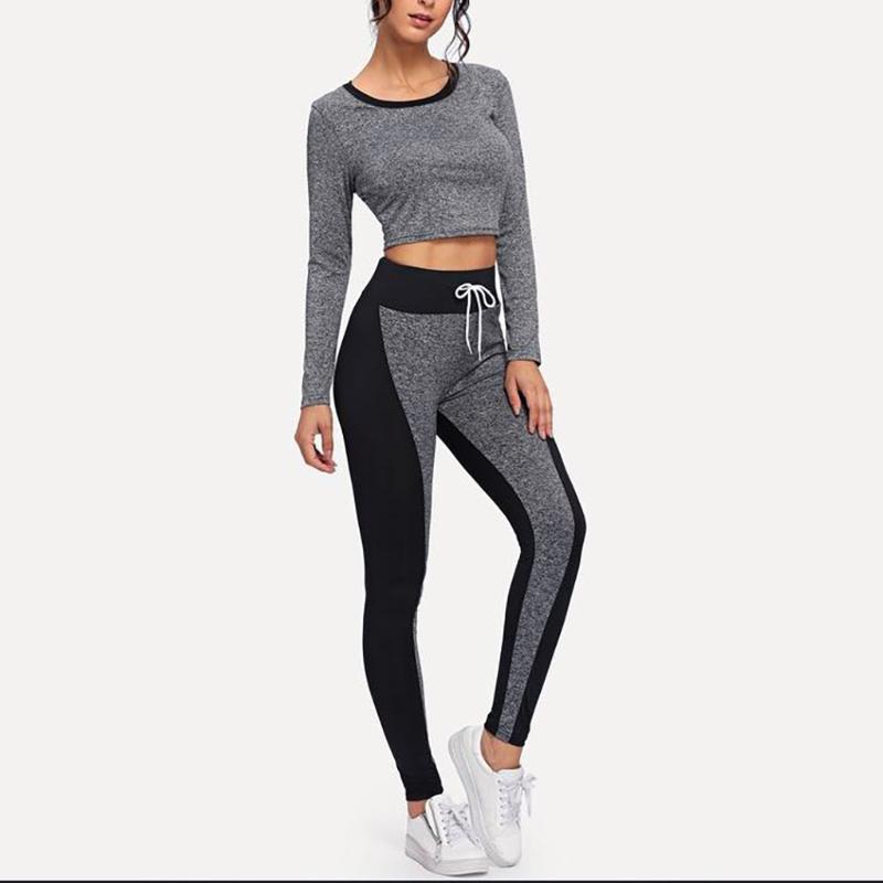

women cropped top gray long sleeve yoga sets Seamless Women Fitness Sportswear patchwork Gym Leggings Sexy Sports Suits#g2
