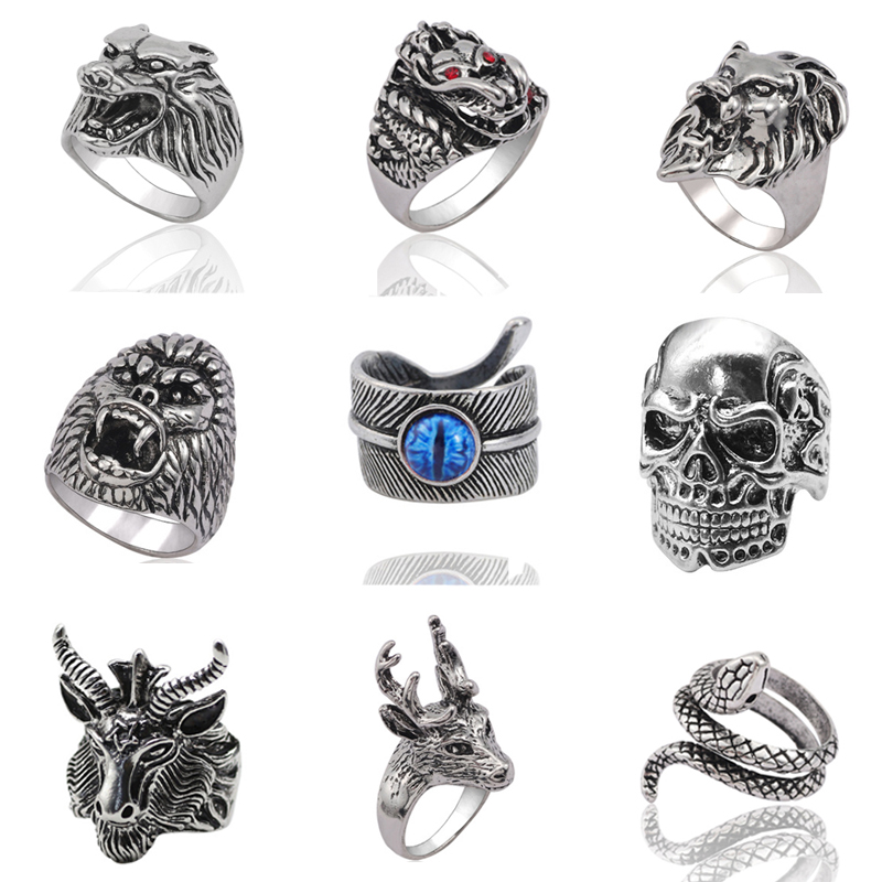 

Gothic Punk Ring Men Jewelry Retro Dragon Rabbit Snake concise Tiger Wolf Men Rings Skeleton Devil Evil Eye Pentagram Male Animal Ring