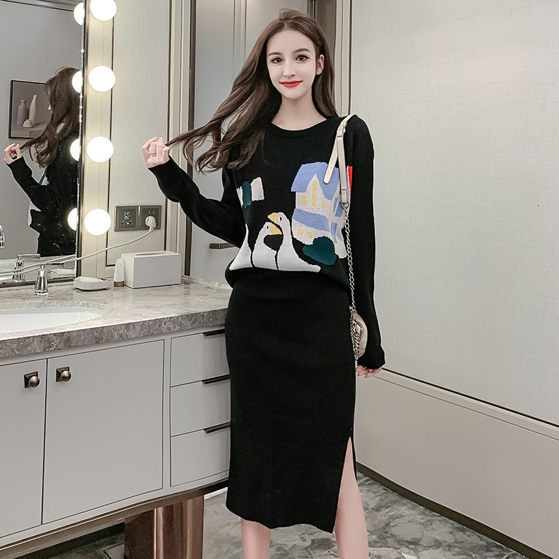 

New 2019 Autumn Knitted Sets Woman Long Sleeve Cartoon Loose Sweater+Pencil Skirts Suit Office Casual Lady Midi Two-pieces Set, Black