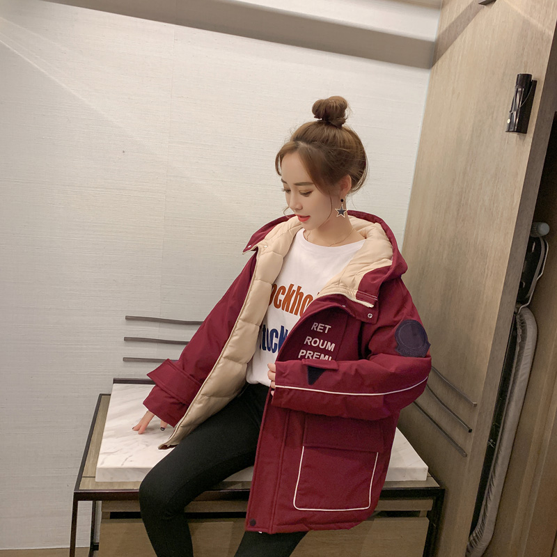 

Women hooded big fur collar winter coat Female Letter print solid color warm loose Stand collar coat Work jacket Ladies 101, Red